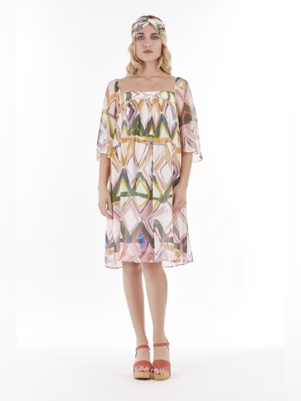 Save The Queen M Y2K Abstract Geometric Print Chiffon Bell Sleeve Dress
